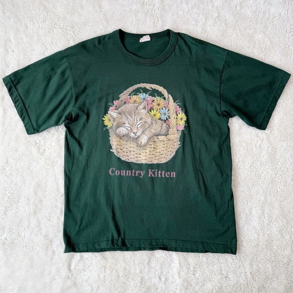 Oceanic Tops - VTG Y2K 90s Green Kitten Floral Country Cat T-Shirt XL Cottagecore Boho Granola
